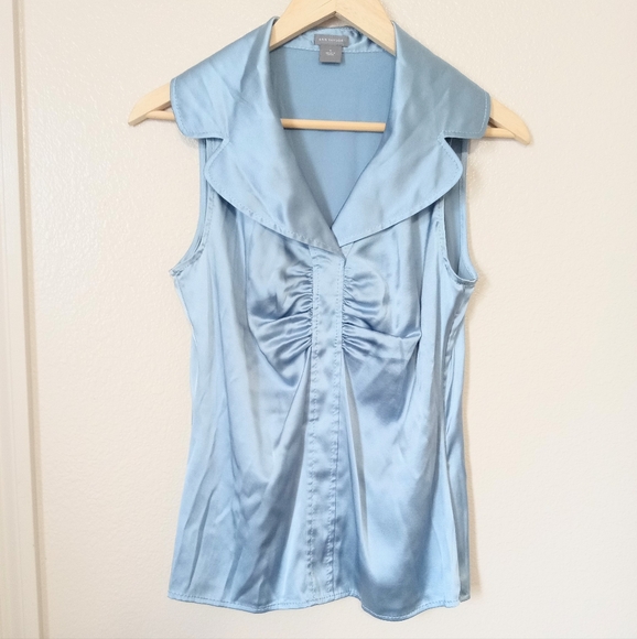 Ann Taylor Tops - Ann Taylor Sleeveless Ruched Metallic Blue Silk Blouse Y2K